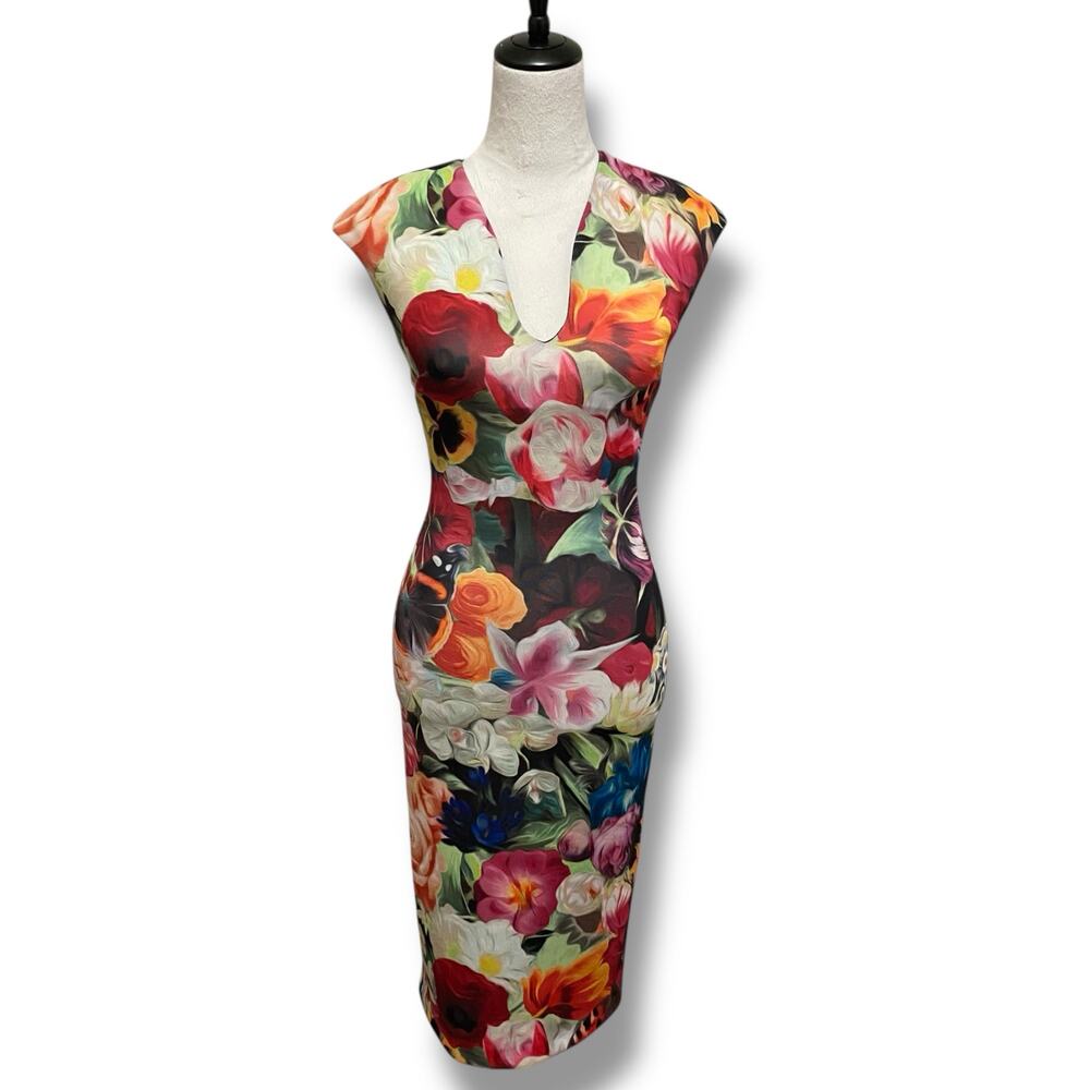 Ted Baker Odeela Floral Swirl-Print Sheath Dress Size 0 Bodycon Sleeveless - Picture 2 of 11